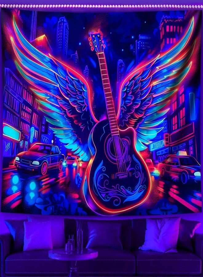 TUGCAY Blacklight Guitar Wing Tapestry UV Reactive Rock Music Tapestry Punk City Car Building Street Wall Hanging Tapestries for Bedroom Dorm Living Room Decor 50" X 60" - Image 1